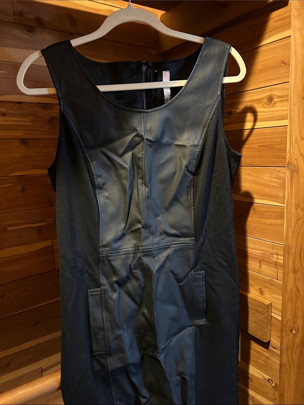 Kensie Black Faux-Leather Panel Sleeveless Sheath Dress
